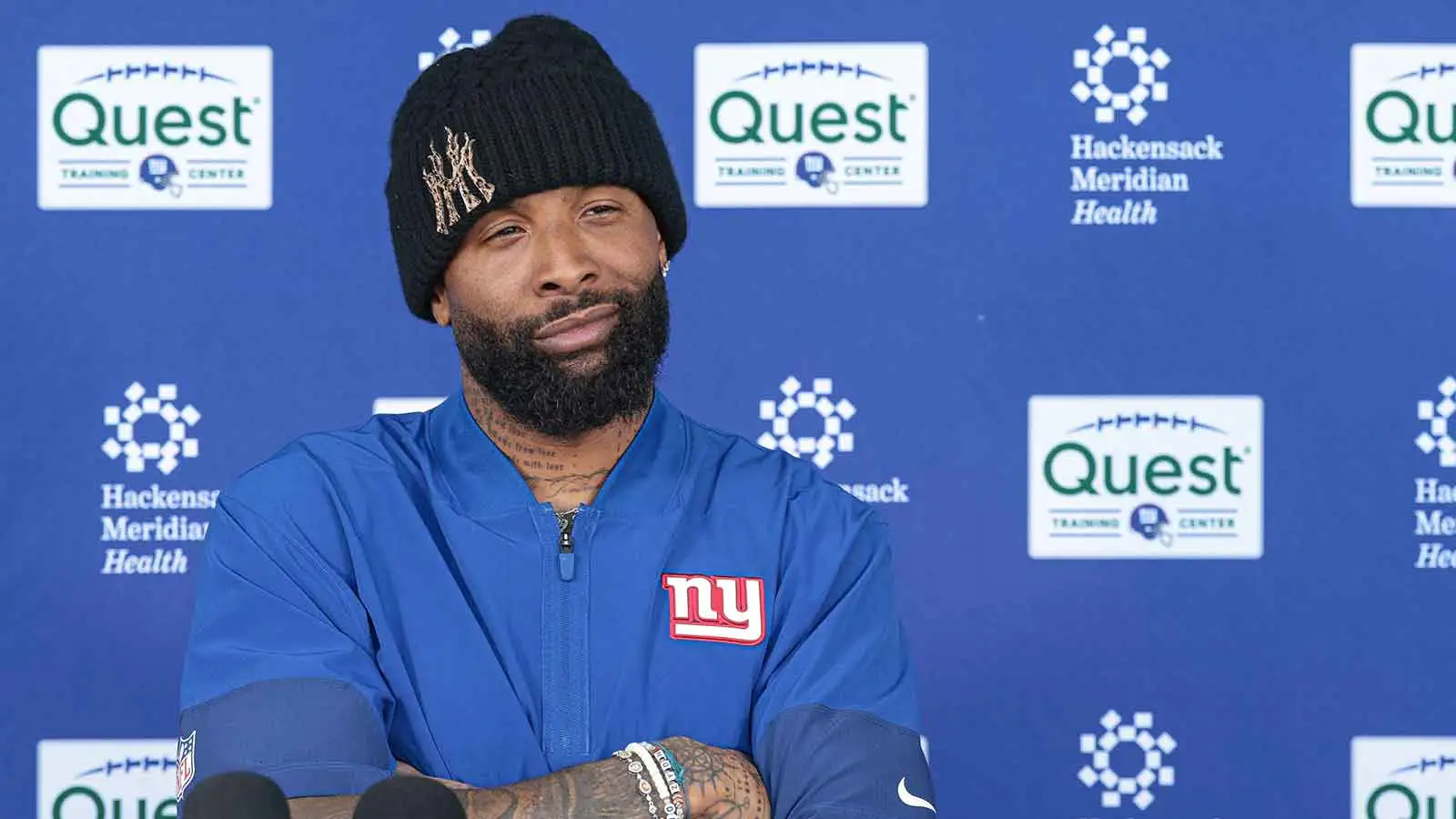 Jun 3, 2026; East Rutherford, NJ, USA; New York Giants wide receiver Odell Beckham Jr. (3) talks with media after organized team activities at Quest Diagnostics…