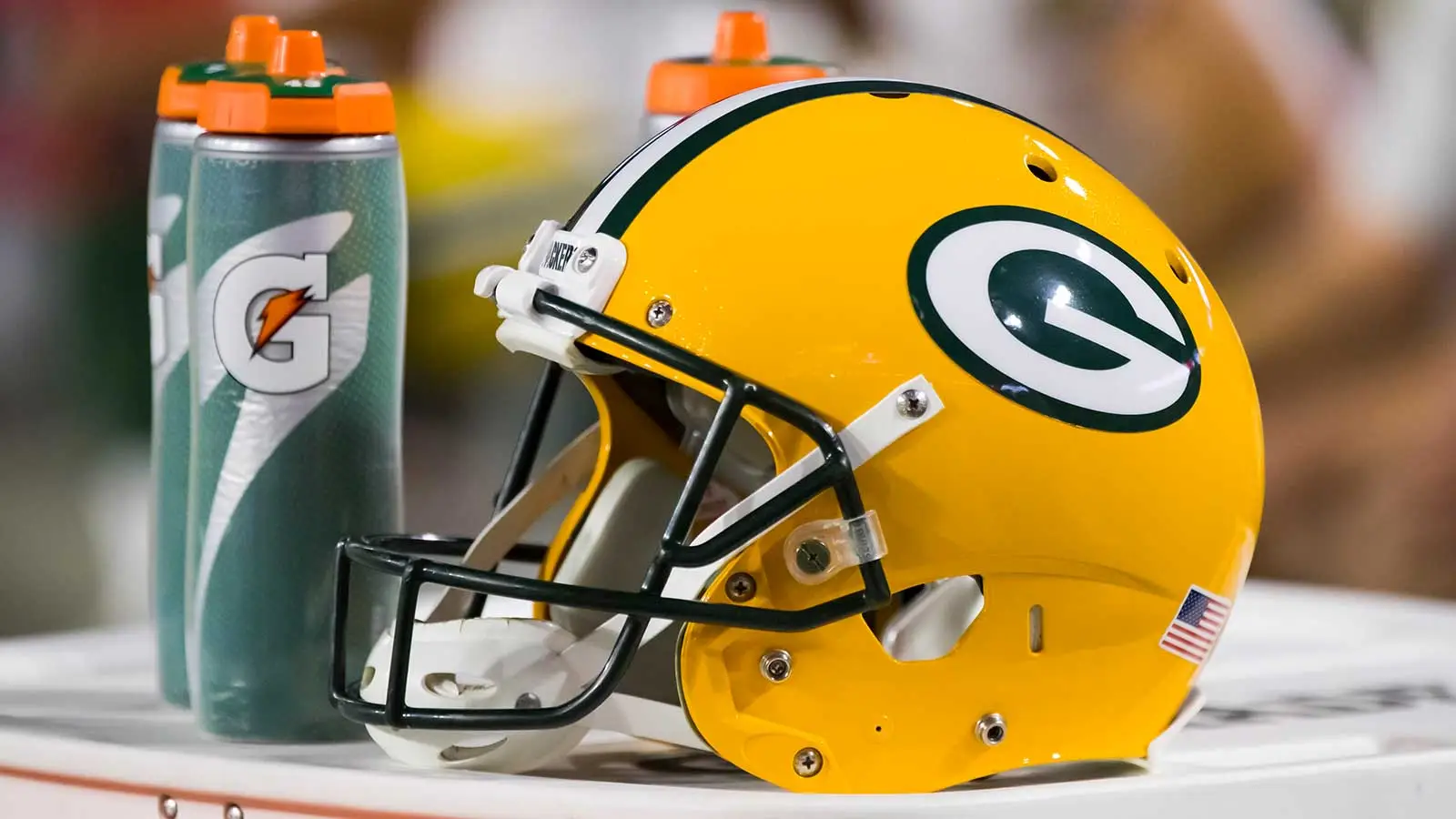 Oct 28, 2021; Glendale, Arizona, USA; Detailed view of a Green Bay Packers helmet at State Farm Stadium. Mandatory Credit: Mark J. Rebilas-USA TODAY Sports.
