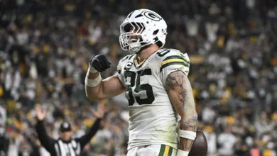 Oct 26, 2025; Pittsburgh, Pennsylvania, USA; Green Bay Packers tight end Tucker Kraft (85) celebrates his touchdown against the Pittsburgh Steelers during the f…