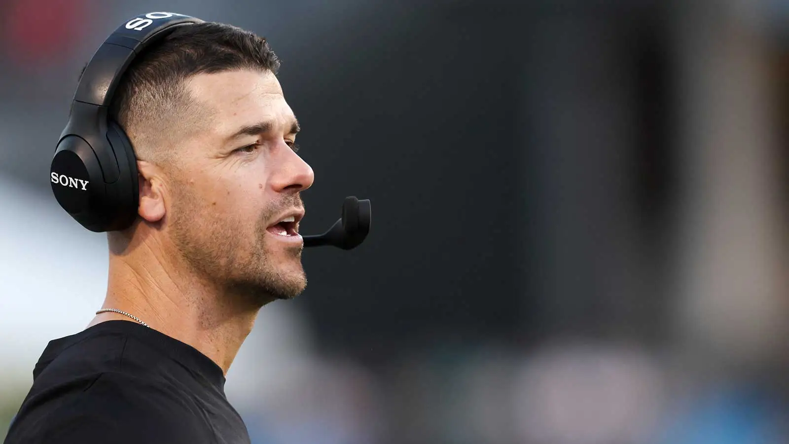 Aug 6, 2026; Canton, Ohio, USA; Carolina Panthers head coach Dave Canales looks on during the first half against the Arizona Cardinals at Tom Benson Hall of Fam…