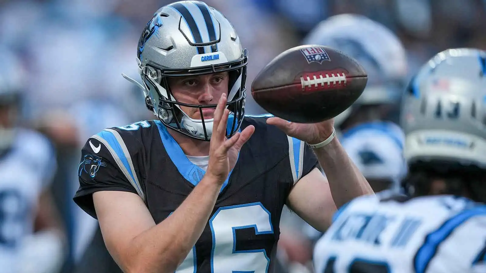 Jul 31, 2026; Charlotte, NC, USA; Carolina Panthers quarterback Haynes King (16) catches a ball during Fanfest at Bank of America Stadium. Mandatory Credit: Jim…