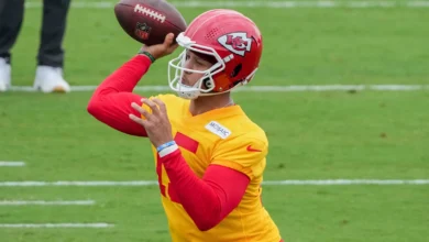 Jul 29, 2026; St. Joseph, MO, USA; Kansas City Chiefs quarterback Patrick Mahomes (15) throws a pass during training camp at Missouri Western State University.…