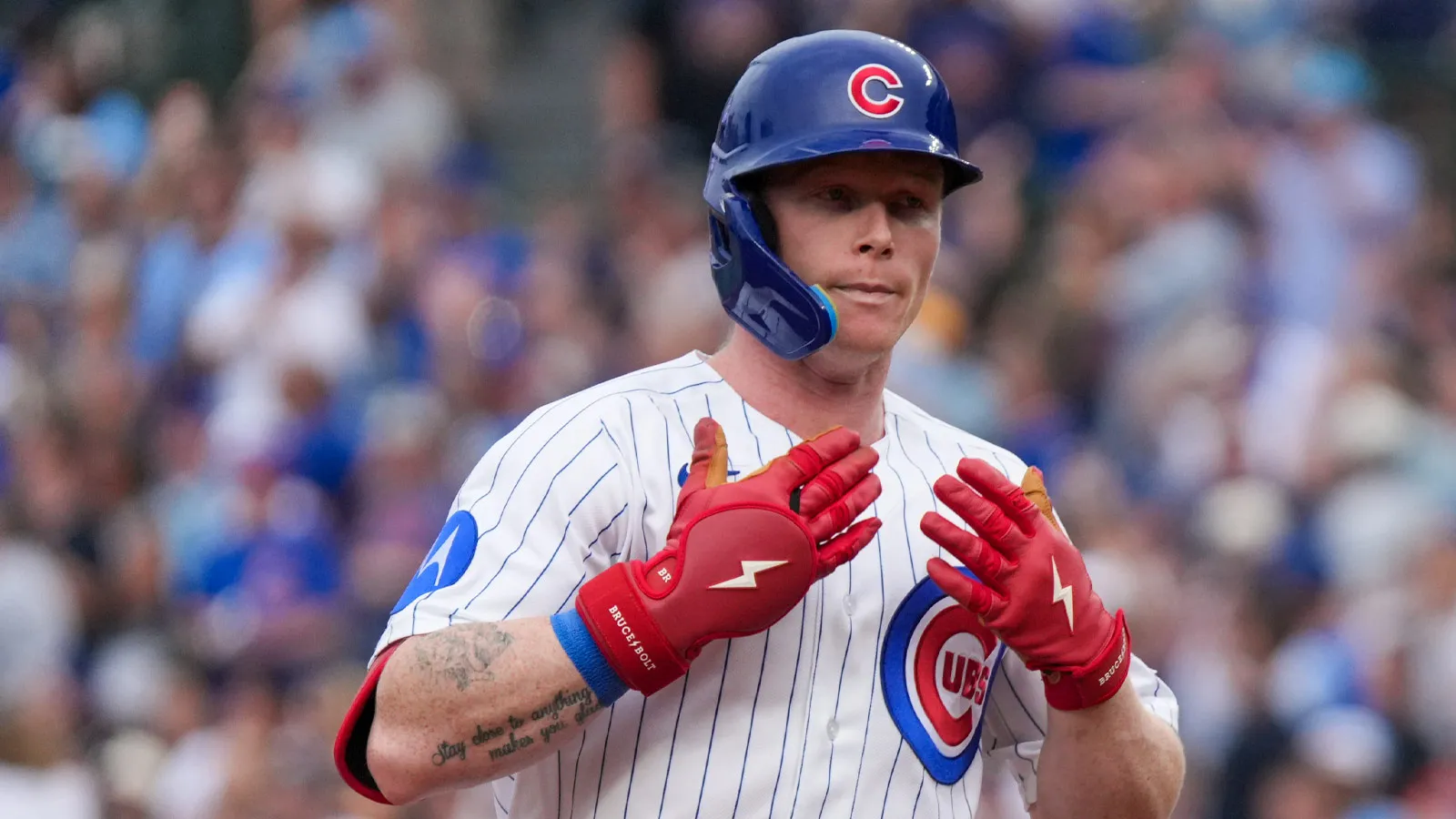 Aug 5, 2026; Chicago, Illinois, USA; Chicago Cubs center fielder Pete Crow-Armstrong (4) runs the bases after hitting a two-run home run against the Los Angeles…