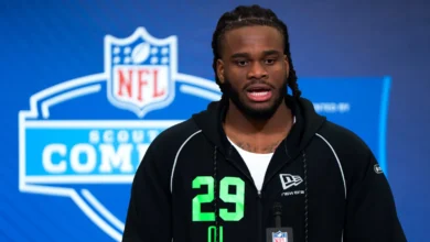 Feb 28, 2026; Indianapolis, IN, USA; Arizona State offensive lineman Max Iheanachor (OL29) speaks to members of the media during the NFL Combine at the Indiana…