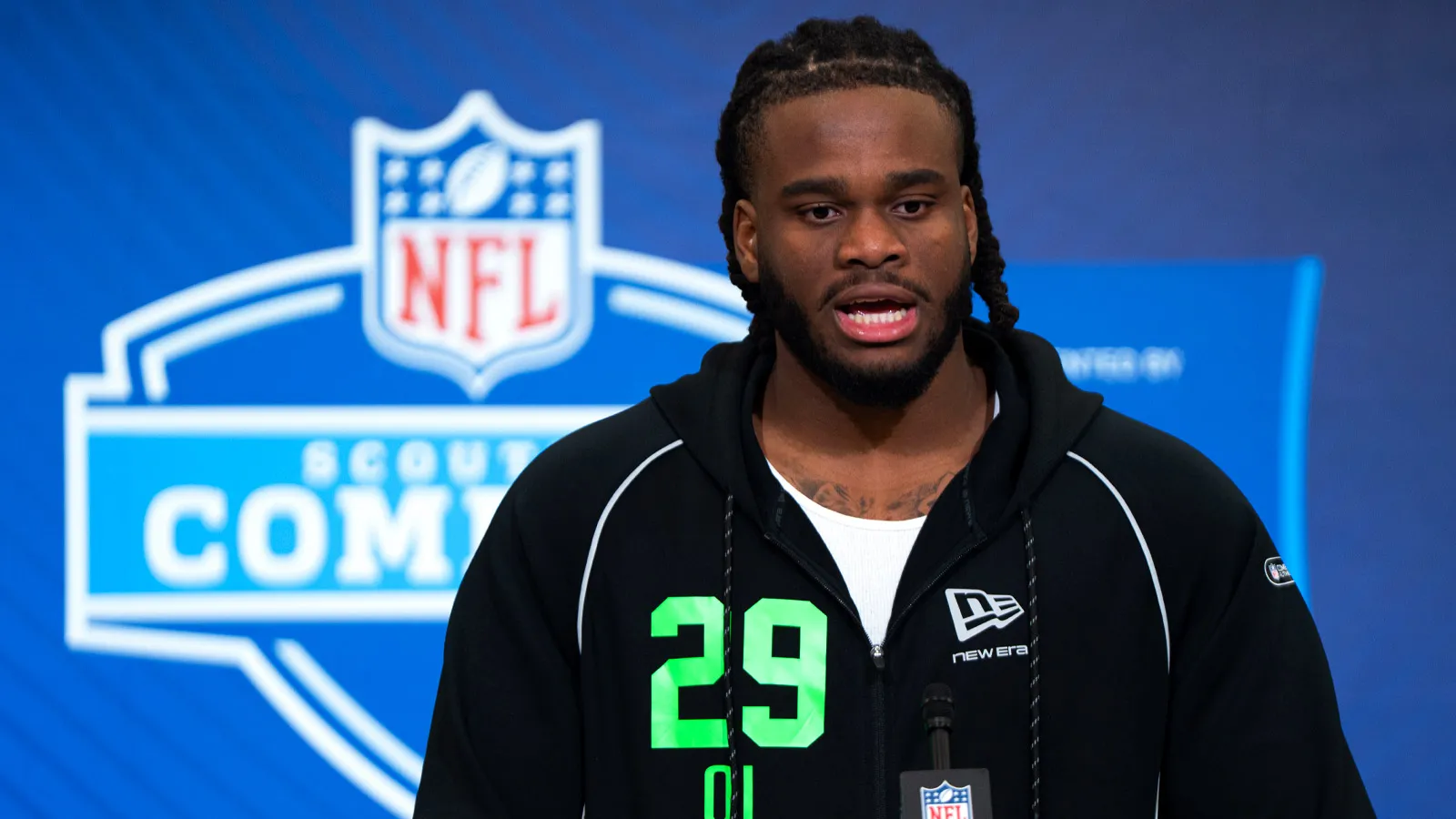 Feb 28, 2026; Indianapolis, IN, USA; Arizona State offensive lineman Max Iheanachor (OL29) speaks to members of the media during the NFL Combine at the Indiana…