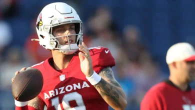 Aug 6, 2026; Canton, Ohio, USA; Arizona Cardinals quarterback Carson Beck (19) warms up before playing the the Carolina Panthers at Tom Benson Hall of Fame Stad…