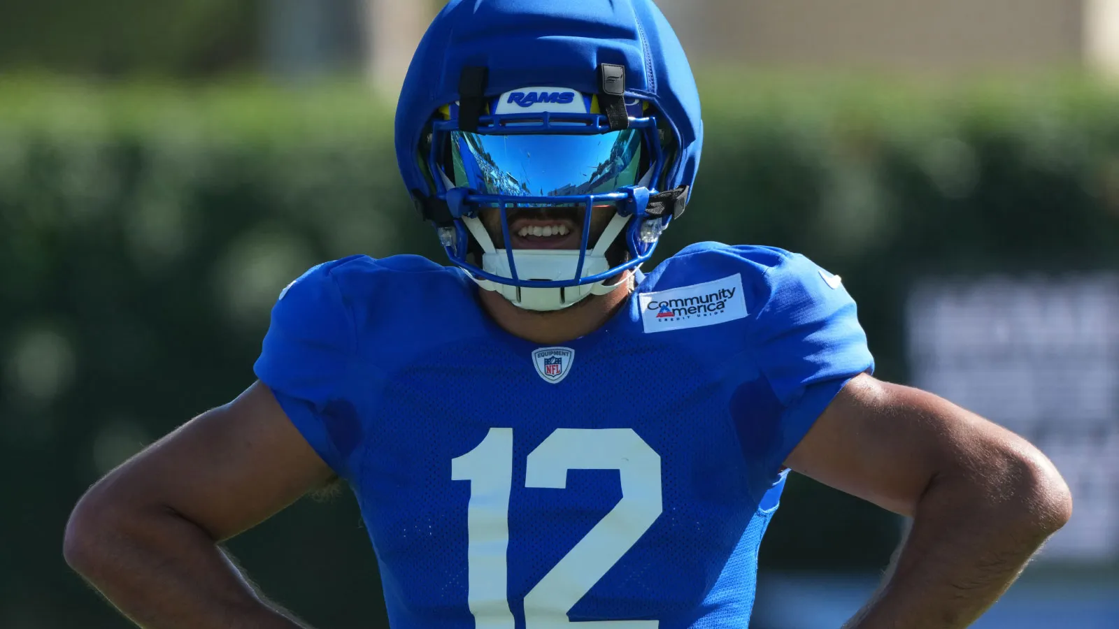Jul 31, 2026; Westchester California USA; Los Angeles Rams receiver Puka Nacua (12) at training camp at Loyola Marymount University. Mandatory Credit: Kirby Lee…