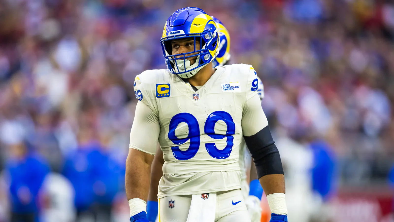 Nov 26, 2023; Glendale, Arizona, USA; Los Angeles Rams defensive tackle Aaron Donald (99) against the Arizona Cardinals at State Farm Stadium. Mandatory Credit:…