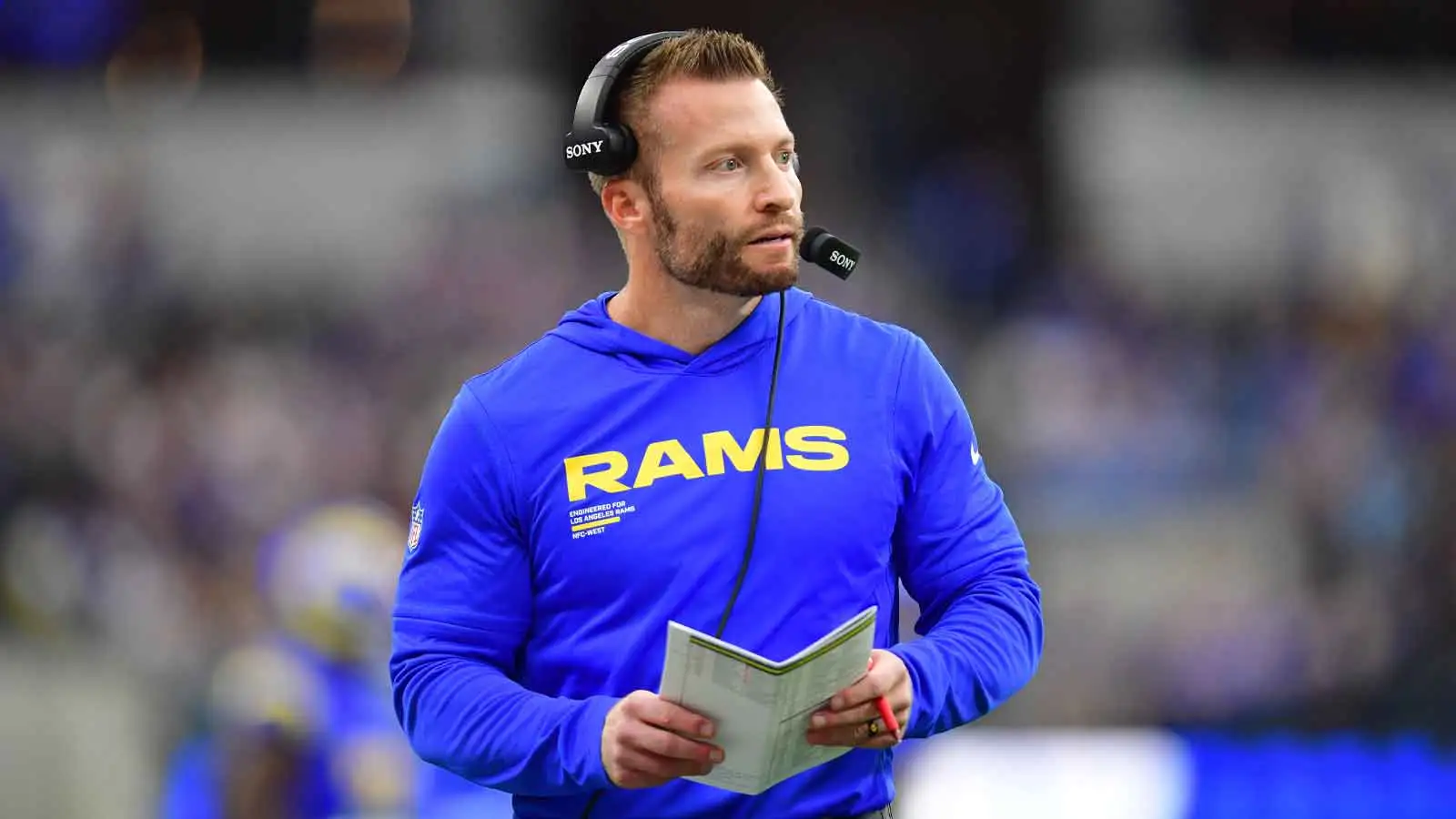 Jan 4, 2026; Inglewood, California, USA; Los Angeles Rams head coach Sean McVay stands on the sidelines against the Arizona Cardinals during the first half at S…