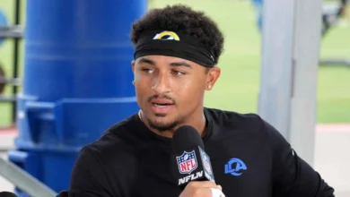 Aug 11, 2026; Woodland Hills, CA, USA; Los Angeles Rams cornerback Trent McDuffie (22) on the NFL Network set during a joint practice against the Dallas Cowboys…