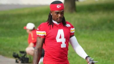 Kansas City Chiefs wide receiver Rashee Rice (4) warms up before the game against the Indianapolis Colts at GEHA Field at Arrowhead Stadium.