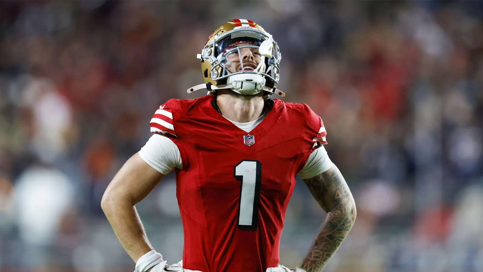 Dec 28, 2025; Santa Clara, California, USA; San Francisco 49ers wide receiver Ricky Pearsall (1) looks on in the first half against the Chicago Bears at Levi's…