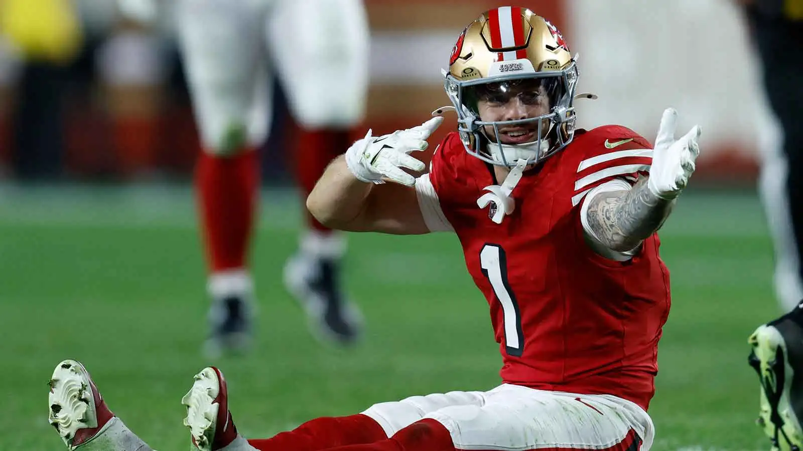 Dec 28, 2025; Santa Clara, California, USA; San Francisco 49ers wide receiver Ricky Pearsall (1) celebrates in the first half against the Chicago Bears at Levi'…