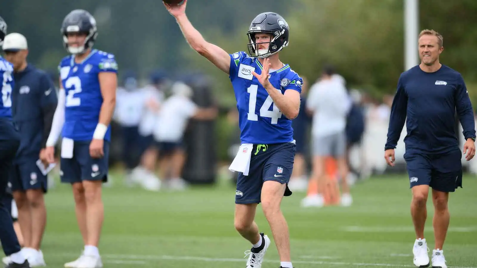 Seattle Seahawks quarterback Sam Darnold (14) during the first training camp at Virginia Mason Athletic Center. Mandatory Credit: Steven Bisig-Imagn Images