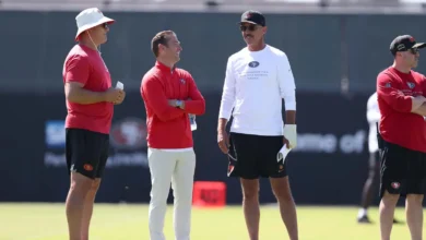 Aug 3, 2026; San Francisco, CA, USA; San Francisco 49ers head coach Kyle Shanahan during training camp at Levi's Stadium. Mandatory Credit: Sergio Estrada-Imagn…