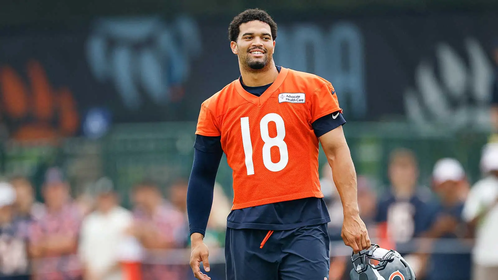 Aug 5, 2026; Lake Forest, IL, USA; Chicago Bears quarterback Caleb Williams (18) stands on the field during training camp at Halas Hall. Mandatory Credit: Kamil…