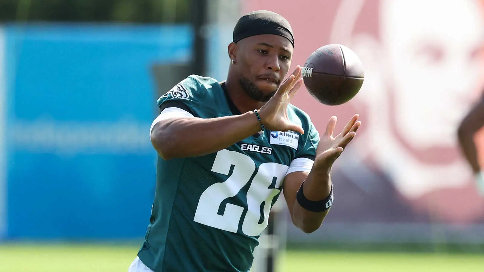 Jul 29, 2026; Philadelphia, PA, USA; Philadelphia Eagles running back Saquon Barkley (26) catches a ball during training camp at Jefferson Health Training Compl…
