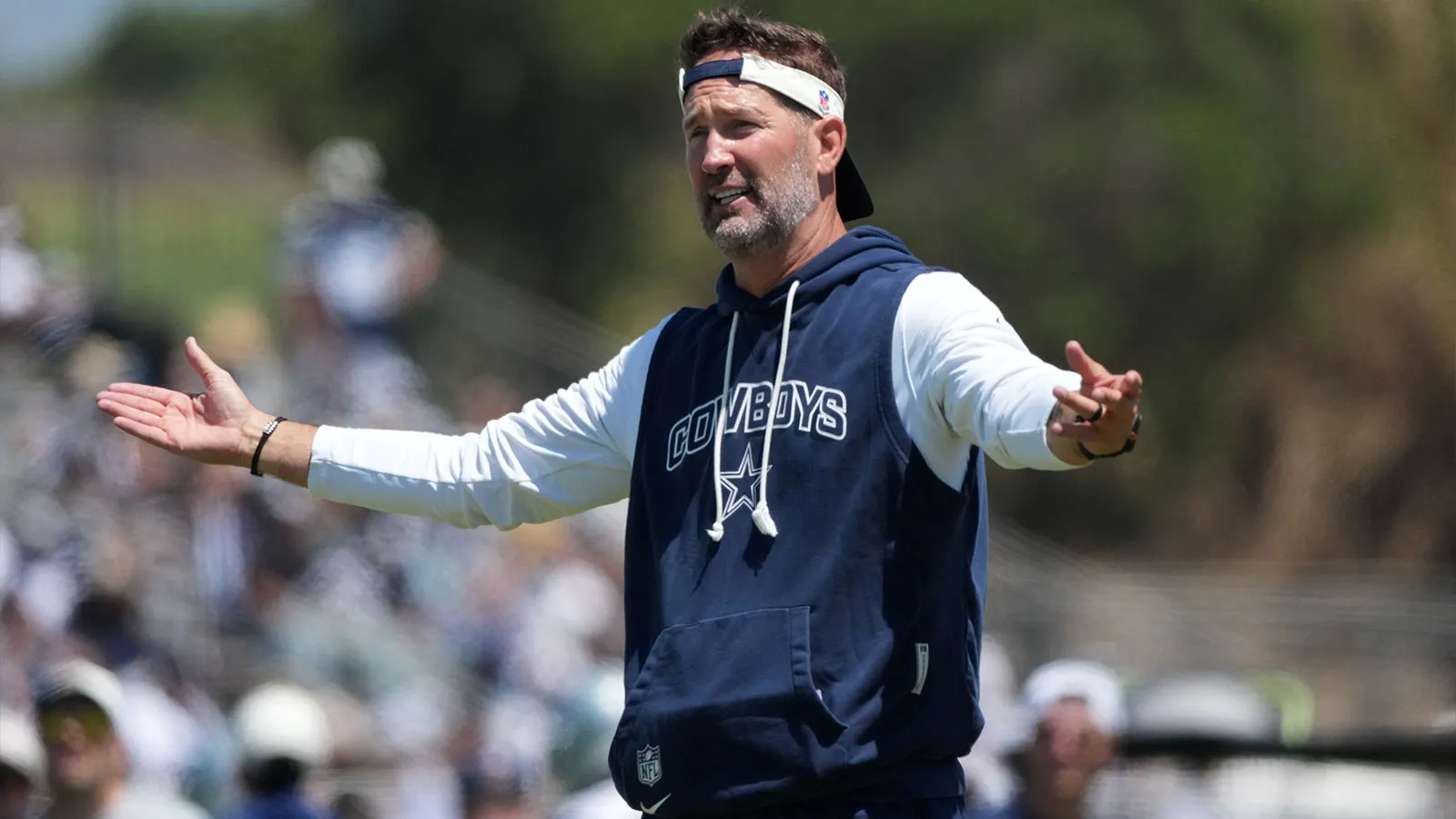 Aug 1, 2026; Oxnard, CA, USA; Dallas Cowboys coach Brian Schottenheimer at training camp at River Ridge Playing Fields. Mandatory Credit: Kirby Lee-Imagn Images