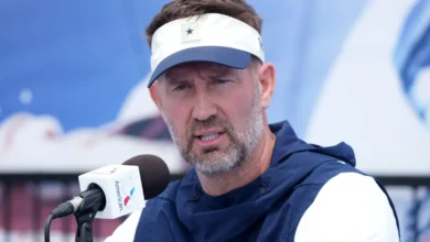 Jul 29, 2026; Oxnard, CA, USA; Dallas Cowboys Cowboys coach Brian Schottenheimer at training camp press conference at River Ridge Playing Fields. Mandatory Cred…