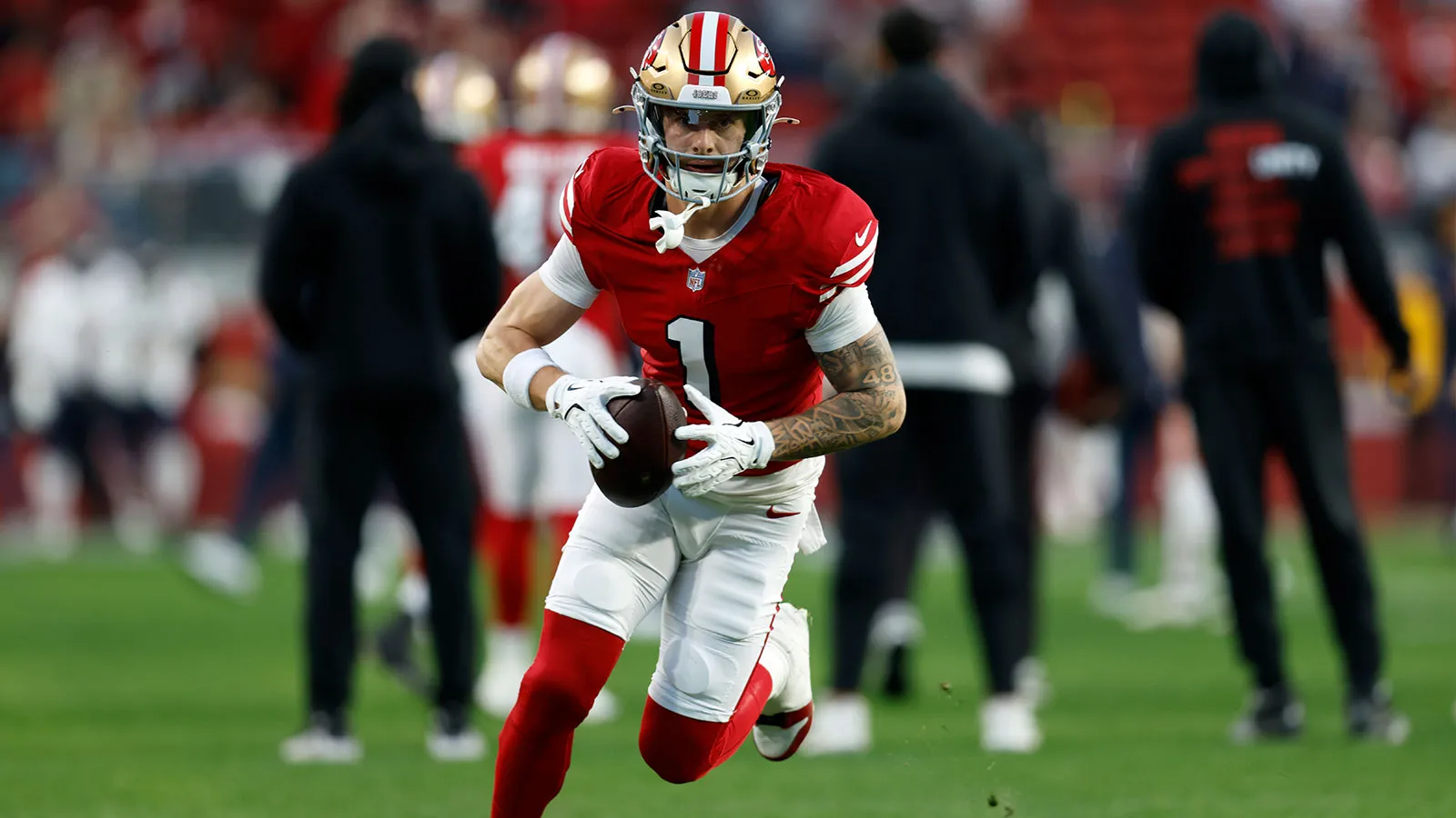Dec 28, 2025; Santa Clara, California, USA; San Francisco 49ers wide receiver Ricky Pearsall (1) warms up before the game against the Chicago Bears at Levi's St…