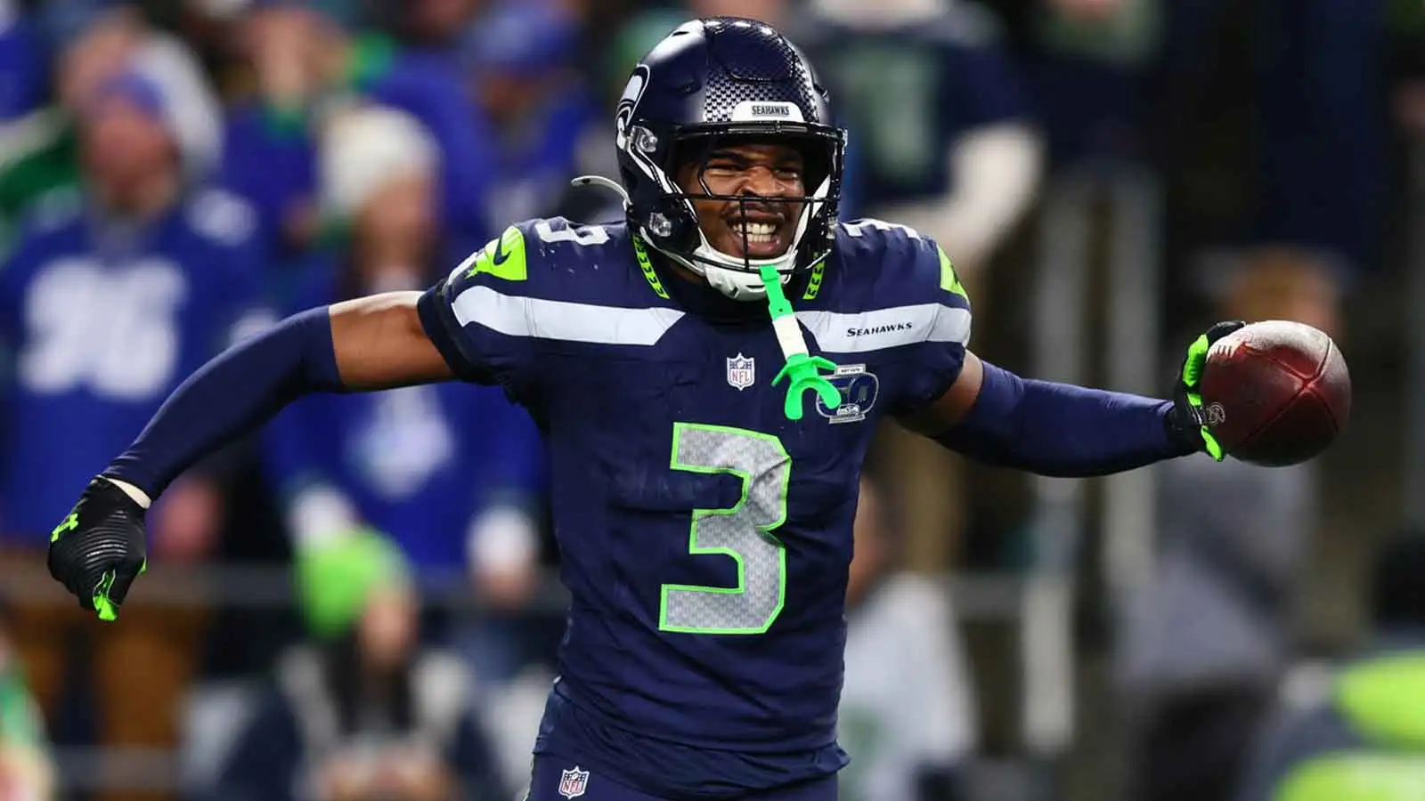 Jan 17, 2026; Seattle, WA, USA; Seattle Seahawks safety Nick Emmanwori (3) reacts after a fumble recovery against the San Francisco 49ers during the second half…