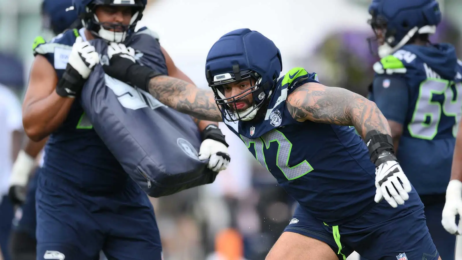 Jul 25, 2026; Renton, WA, USA; Seattle Seahawks offensive tackle Abraham Lucas (72) during the first training camp at Virginia Mason Athletic Center. Mandatory…