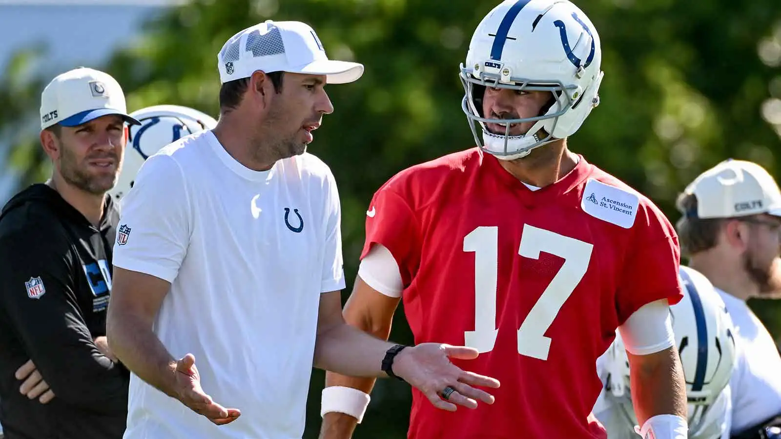 Jul 30, 2026; Westfield, IN, USA; Indianapolis Colts head coach Shane Steichen and Indianapolis Colts quarterback Daniel Jones (17) are seen on day two of train…