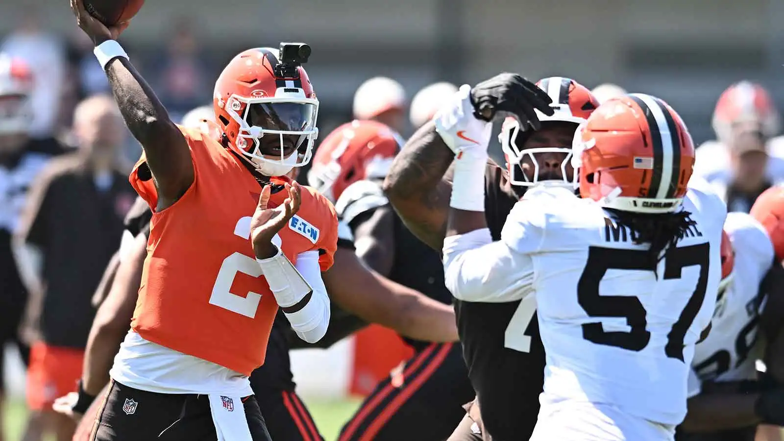Cleveland Browns quarterback Shedeur Sanders (2) throws a pass during training camp at CrossCountry Mortgage Campus. Mandatory Credit: Ken Blaze-Imagn Images
