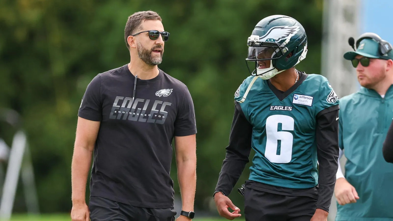 Jul 30, 2026; Philadelphia, PA, USA; Philadelphia Eagles head coach Nick Sirianni talks with wide receiver DeVonta Smith (6) during training camp at Jefferson H…