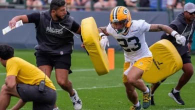 Green Bay Packers wide receiver Skyy Moore (23) runs through a drill during practice on Friday, July 31, 2026, at Ray Nitschke Field in Ashwaubenon, Wisconsin.
