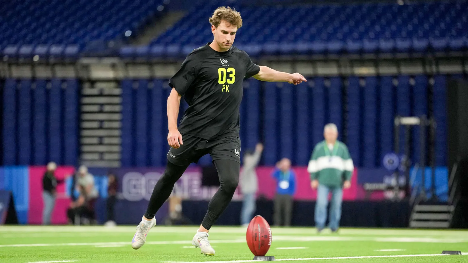 Feb 25, 2026; Indianapolis, IN, USA; Florida place kicker Trey Smack (PK03) kicks the ball during the NFL Scouting Combine at Lucas Oil Stadium. Mandatory Credi…