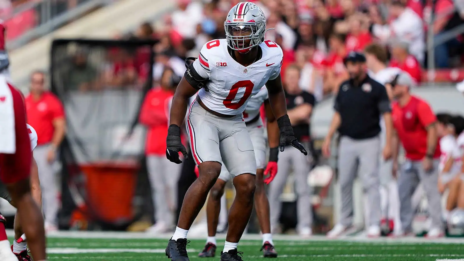 Oct 18, 2025; Madison, Wisconsin, USA; Ohio State Buckeyes linebacker Sonny Styles (0) during the game against the Wisconsin Badgers at Camp Randall Stadium. Ma…