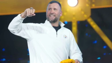 Apr 23, 2026; Pittsburgh, PA, USA; Pittsburgh Steelers former quarterback Ben Roethlisberger waves a Terrible Towel during the 2026 NFL Draft at Acrisure Stadiu…