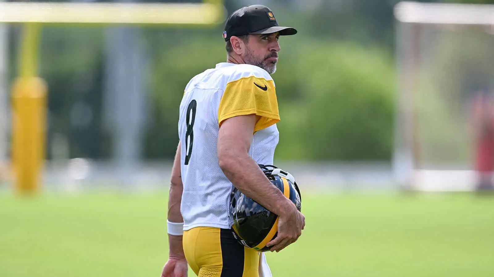 Aug 03, 2026; Latrobe, PA, USA; Pittsburgh Steelers quarterback Aaron Rodgers (8) takes the field for a practice session at Training camp at Saint Vincent Colle…