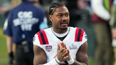 Feb 8, 2026; Santa Clara, CA, USA; New England Patriots wide receiver Stefon Diggs (8) during halftime against the Seattle Seahawks in Super Bowl LX at Levi's S…