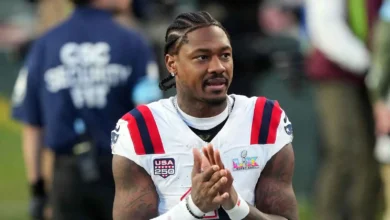 Feb 8, 2026; Santa Clara, CA, USA; New England Patriots wide receiver Stefon Diggs (8) during halftime against the Seattle Seahawks in Super Bowl LX at Levi's S…