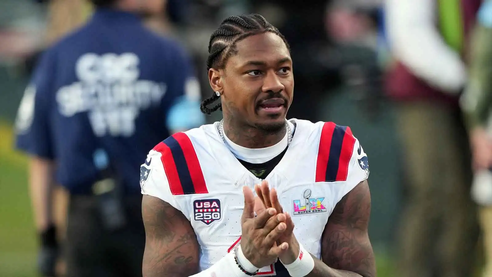 Feb 8, 2026; Santa Clara, CA, USA; New England Patriots wide receiver Stefon Diggs (8) during halftime against the Seattle Seahawks in Super Bowl LX at Levi's S…