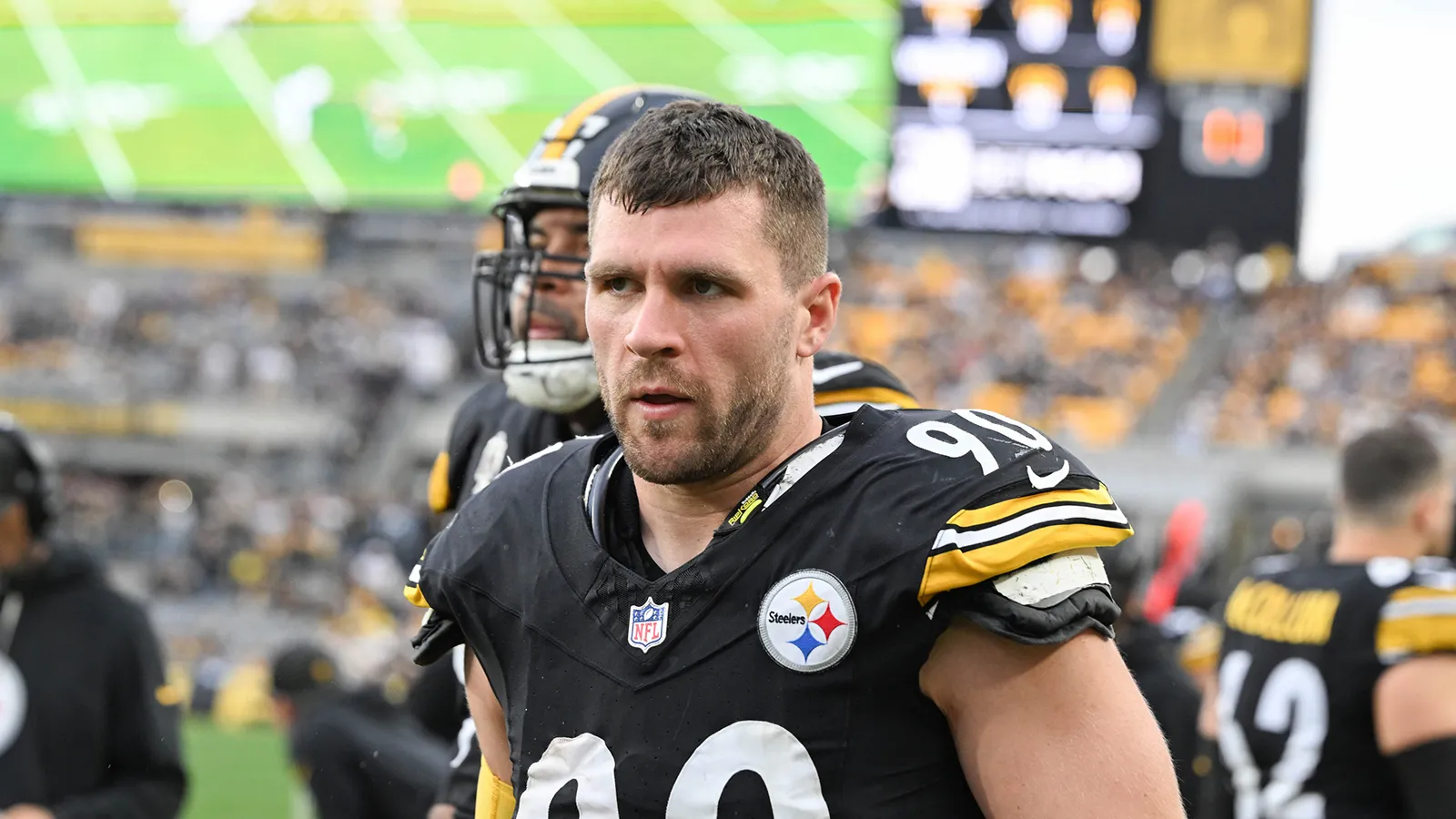 Nov 2, 2025; Pittsburgh, Pennsylvania, USA; Pittsburgh Steelers linebacker T.J. Watt (90) watches the action against the Indianapolis Colts during the second ha…
