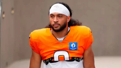 Aug 3, 2026; Englewood, CO, USA; Denver Broncos safety Talanoa Hufanga (9) before the start of training camp at Broncos Park. Mandatory Credit: Ron Chenoy-Imagn…