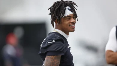 Jul 31, 2026; Houston, TX, USA; Houston Texans wide receiver Tank Dell (1) during training camp at Houston Methodist Training Center. Mandatory Credit: Troy Tao…