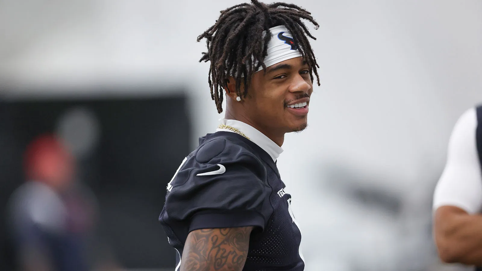 Jul 31, 2026; Houston, TX, USA; Houston Texans wide receiver Tank Dell (1) during training camp at Houston Methodist Training Center. Mandatory Credit: Troy Tao…