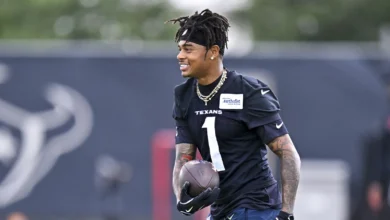 Jun 10, 2026; Houston, Texas, USA; Houston Texans wide receiver Tank Dell (1) participates during the team’s minicamp at Houston Methodist Training Center. Mand…