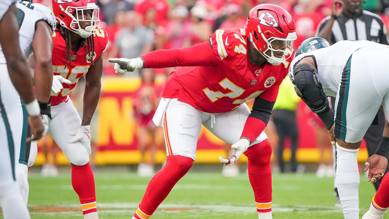 Sep 14, 2025; Kansas City, Missouri, USA; Kansas City Chiefs offensive tackle Jawaan Taylor (74) gestures at the line of scrimmage against the Philadelphia Eagl…