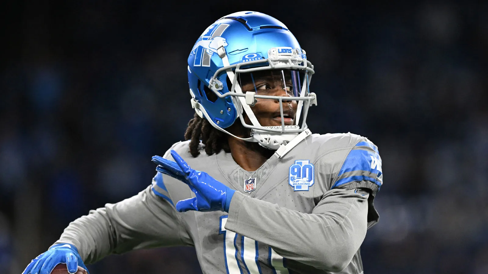 Oct 30, 2023; Detroit, Michigan, USA; Detroit Lions quarterback Teddy Bridgewater (10) throws a pass during warmups before the game against the Las Vegas Raider…