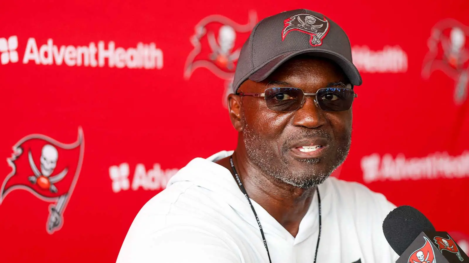 Jul 31, 2026; Tampa, FL, USA; Tampa Bay Buccaneers head coach Todd Bowles talks to media after training camp at AdventHealth Training Center. Mandatory Credit:…