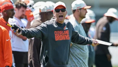 Jul 30, 2026; Berea, OH, USA; Cleveland Browns head coach Todd Monken reacts during training camp at CrossCountry Mortgage Campus. Mandatory Credit: Ken Blaze-I…