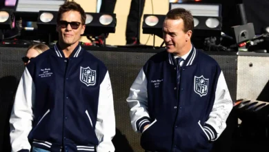 Feb 8, 2026; Santa Clara, CA, USA; Tom Brady (left) and Peyton Manning before Super Bowl LX between the Seattle Seahawks and the New England Patriots at Levi's…