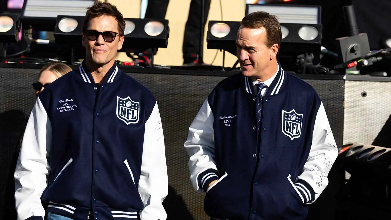 Feb 8, 2026; Santa Clara, CA, USA; Tom Brady (left) and Peyton Manning before Super Bowl LX between the Seattle Seahawks and the New England Patriots at Levi's…