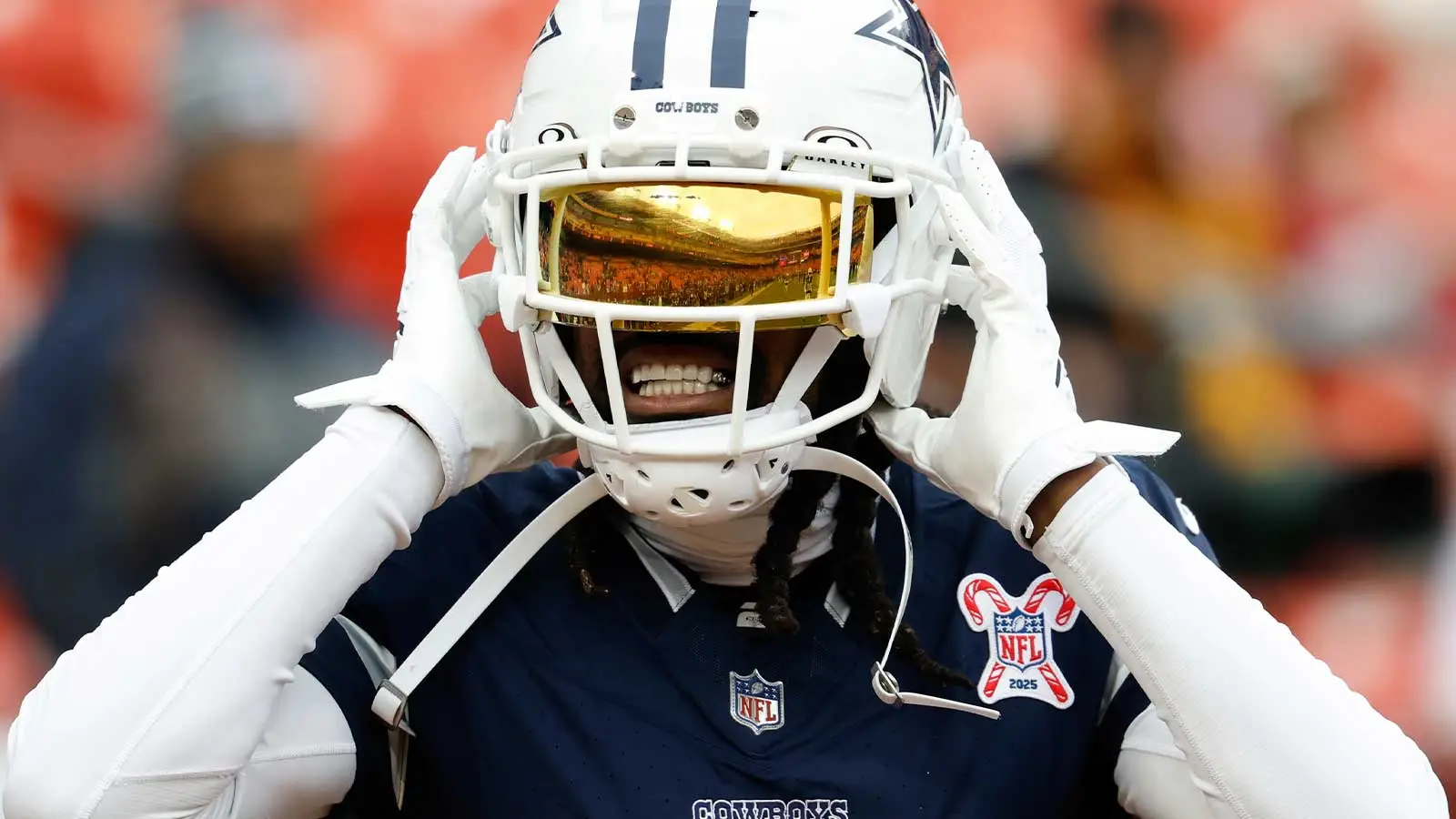 Dec 25, 2025; Landover, Maryland, USA; Dallas Cowboys cornerback Trevon Diggs (7) looks on during warmups before the game against the Washington Commanders at N…