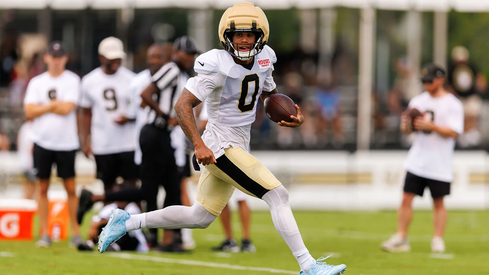 Aug 08, 2026; Metairie, LA, USA; New Orleans Saints wide receiver Jordyn Tyson (0) catches a pass against linebacker Kaden Elliss (55) during training camp at O…
